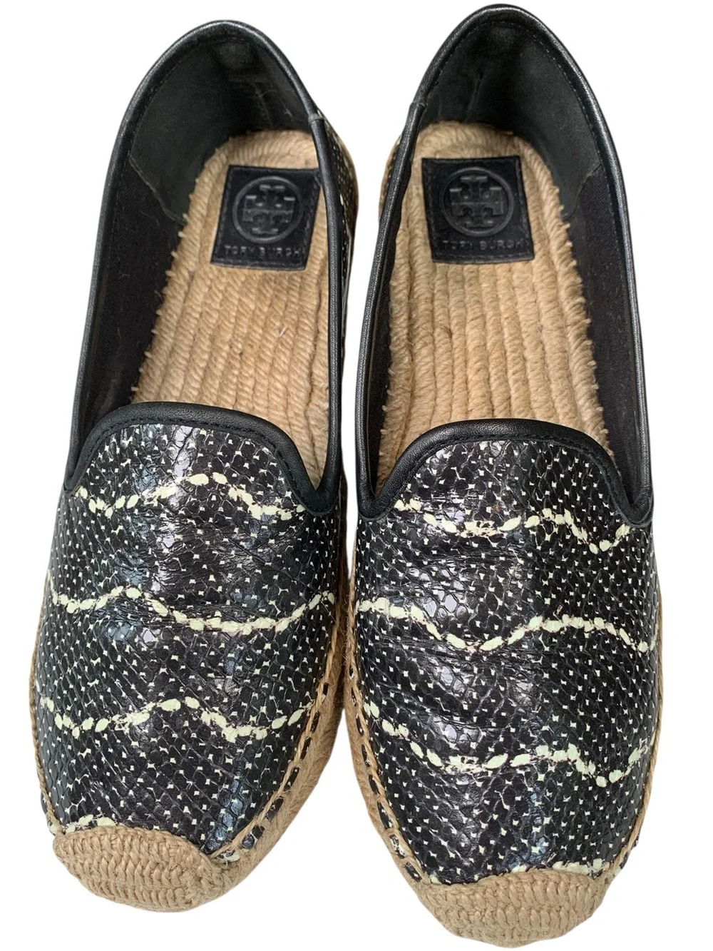 Tory Burch Snake Print Leather Espadrille Slip On Flats Black Cream 8.5